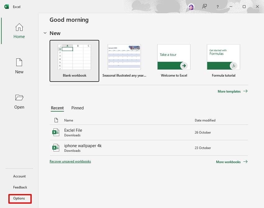 select options from excel main page